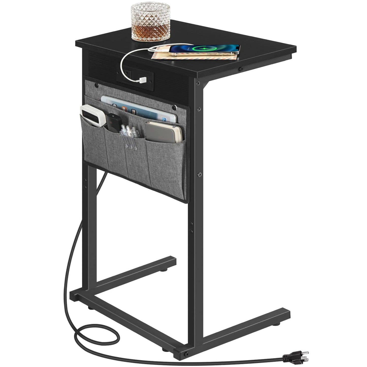 HOOBRO C Shaped End Table with Charging Station, 28" H Couch Side Table Slide Under, Sofa Arm Tray Table with Storage Bag for Living Room, Recliner, Black BB70USF01