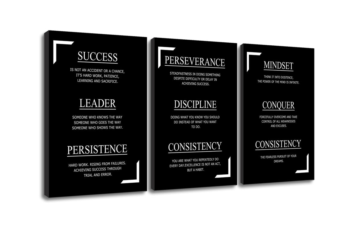 YSPCSUN Triptych Wall Decor Inspirational Posters for Office, Black White Discipline Consistency Quote 3 Panel Canvas Prints for Home Office Dorm Classroom, 48x24 Inch Display