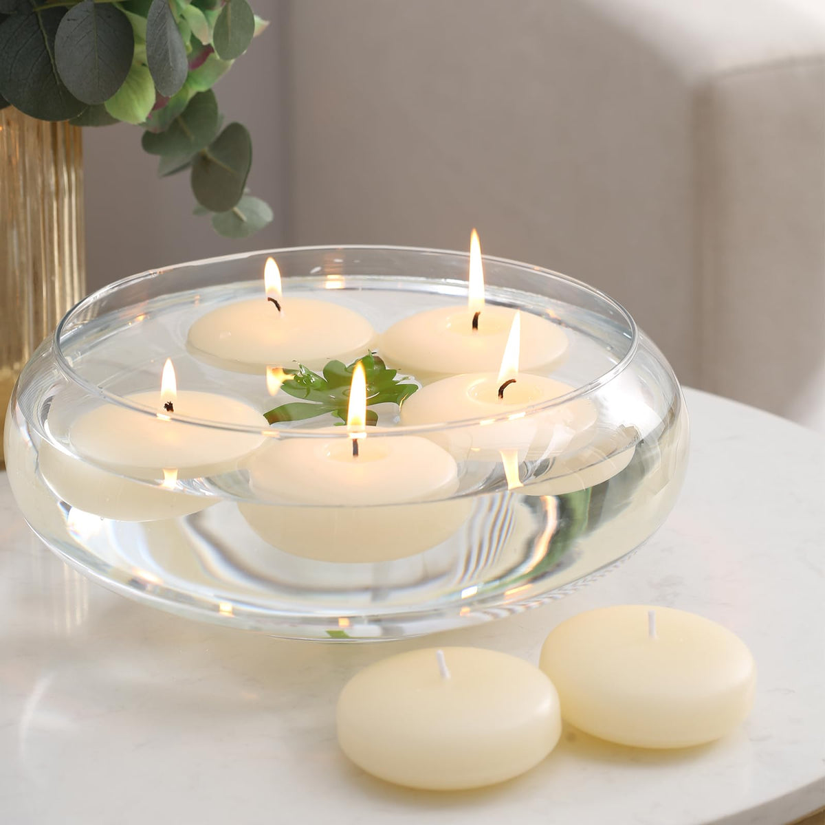 qinxiang 12 Pack Floating Candles, 3” Ivory Unscented Dripless Wax Burning Candles, for Cylinder Vases, Weddings, Party and Holiday