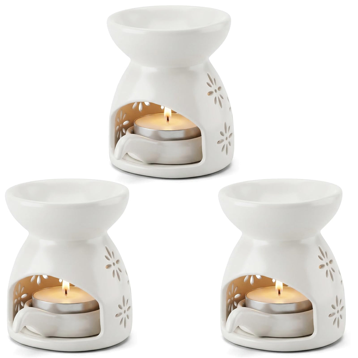 3 Pack Ceramic Tealight Candle Holder, Small Essential Oil Burner Wax Melt Warmer with Spoons, Aromatherapy Aroma Diffuser for Home Bedroom Decor, White
