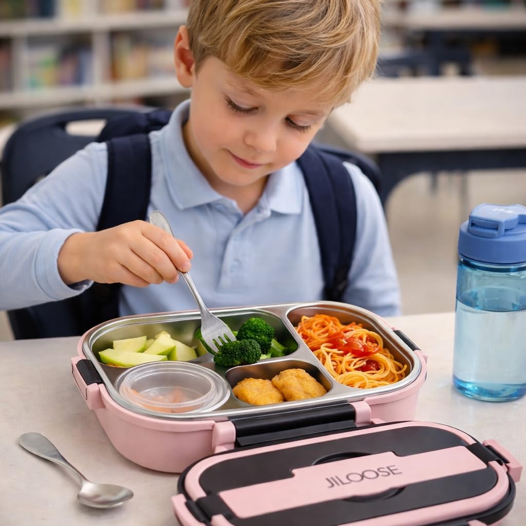 JILOOSE Stainless Steel Bento Box, Leak-Proof, BPA-Free, Dishwasher Safe, 4 Compartments Container School & Travel, Bento Lunch Box for Kids and Adults