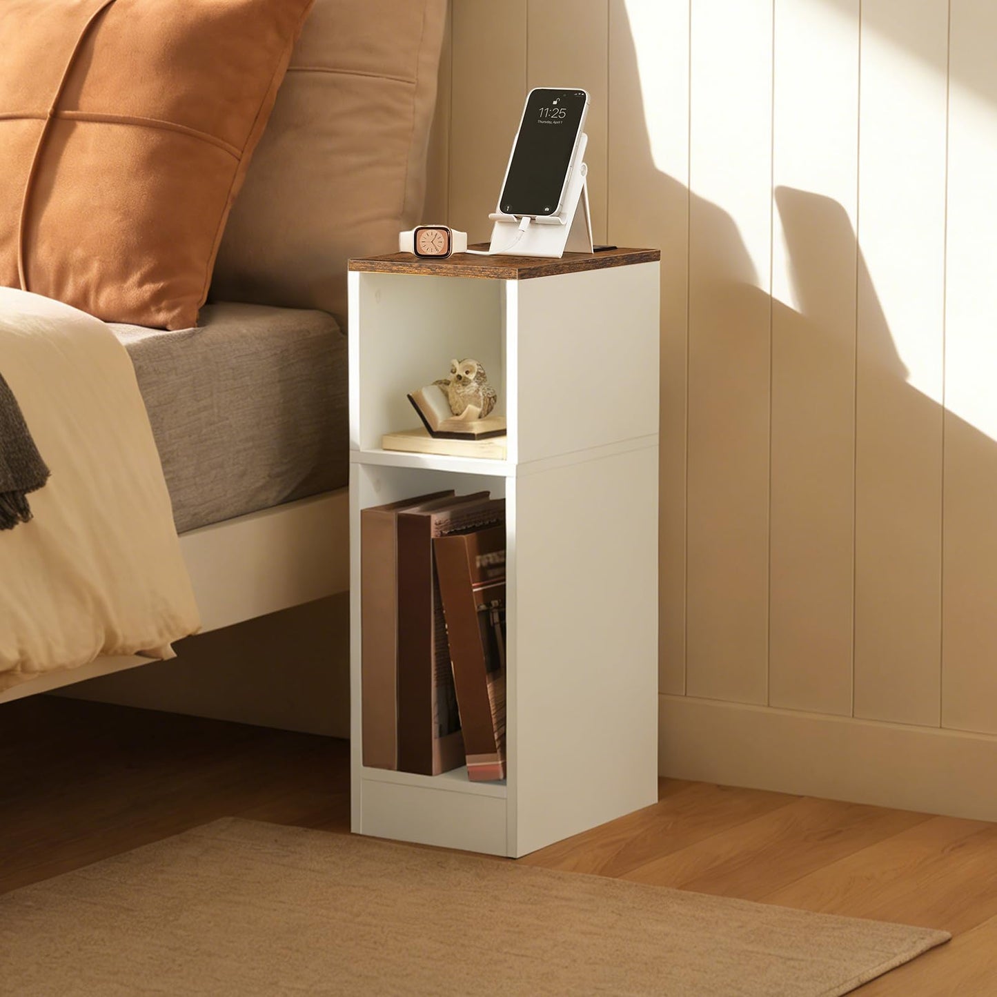 MAHANCRIS Narrow Nightstand, Narrow End Table with Charging Station, Skinny Bedside Table for Small Spaces, Mid Century Modern Night Stand for Bedroom, Living Roon, Rustic Brown and White ETBR30E01