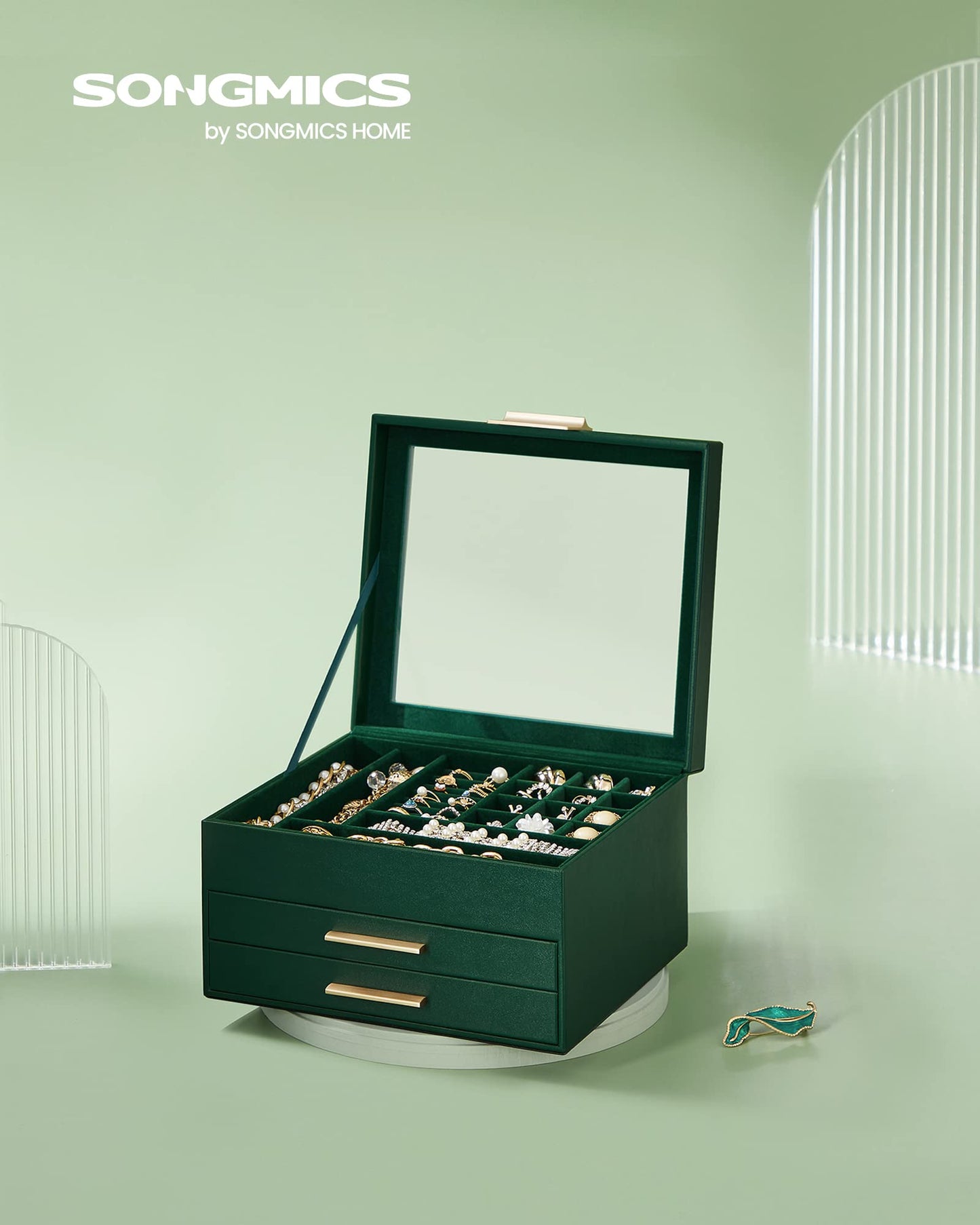 SONGMICS GISELLA Collection - Jewelry Box Organizer, 3-Layer Jewelry Storage with 2 Drawers, Shiny Metal Hardware, Glass Lid, Modern, 8 x 9.1 x 5.3 Inches, Forest Green and Gold Color UJBC239C01