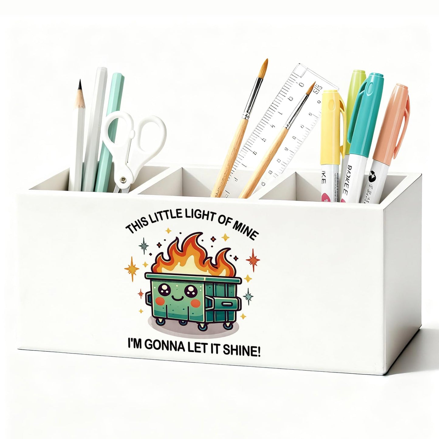 LIANGW Funny Dumpster Fire Pen Pencil Holder for Desk, Coworker Gifts for Women Men, Dumpster Fire Gifts, This Little Light of Mine Wooden Box Sign Decorations for Office Workplace Desk Tabletop