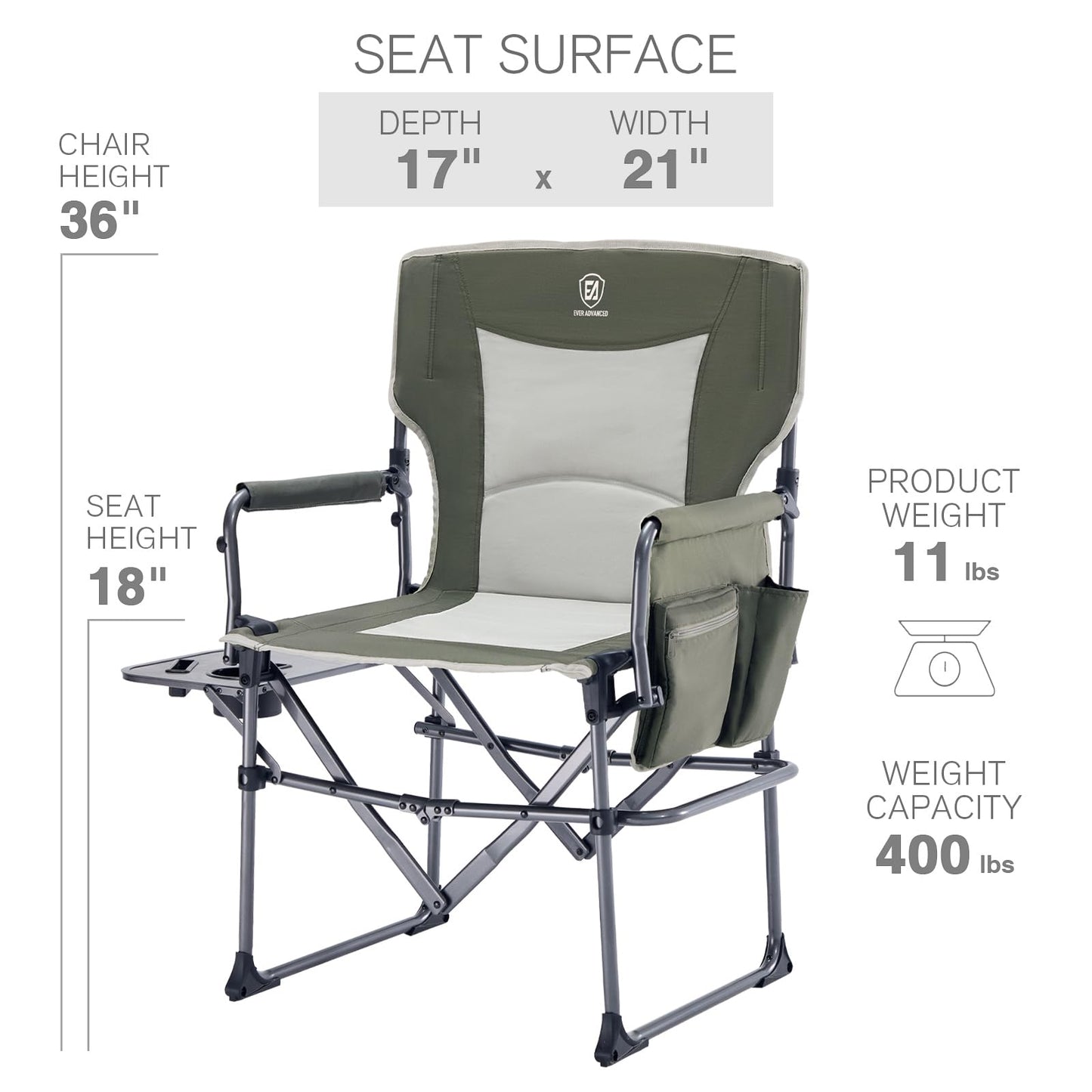 EVER ADVANCED Camping Directors' Chair with Side Table, Portable Folding Chair with Compact Size, Heavy Duty with Pocket for Camping, Lawn, Sports and Fishing, 400lbs, Green 2 Pack