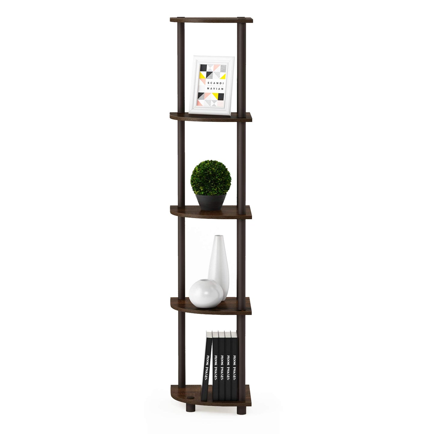 Furinno TURN-N-TUBE Corner Shelf, 5-Tier Corner Bookshelf, Open Storage Shelves, for Organization and Storage, Living Room, Home Office, Garage, Bedroom, Walnut