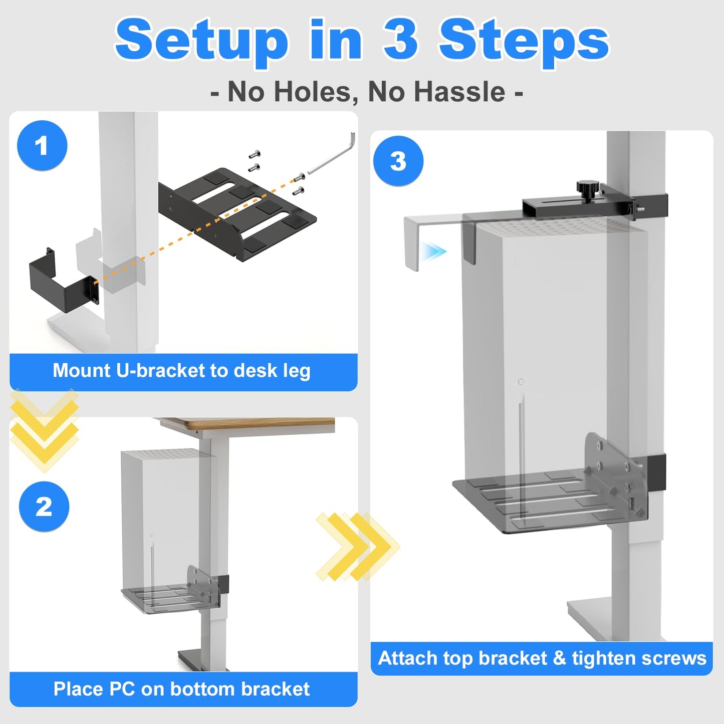 Under Desk PC Mount - No Drilling 40 lb Capacity, Fits 3 Fixed Desk Leg Sizes, CPU Holder Under Desk, Adjustable Clamp-on Desk Leg PC Mount for Standing Desk, with Non-Slip Pads, Black