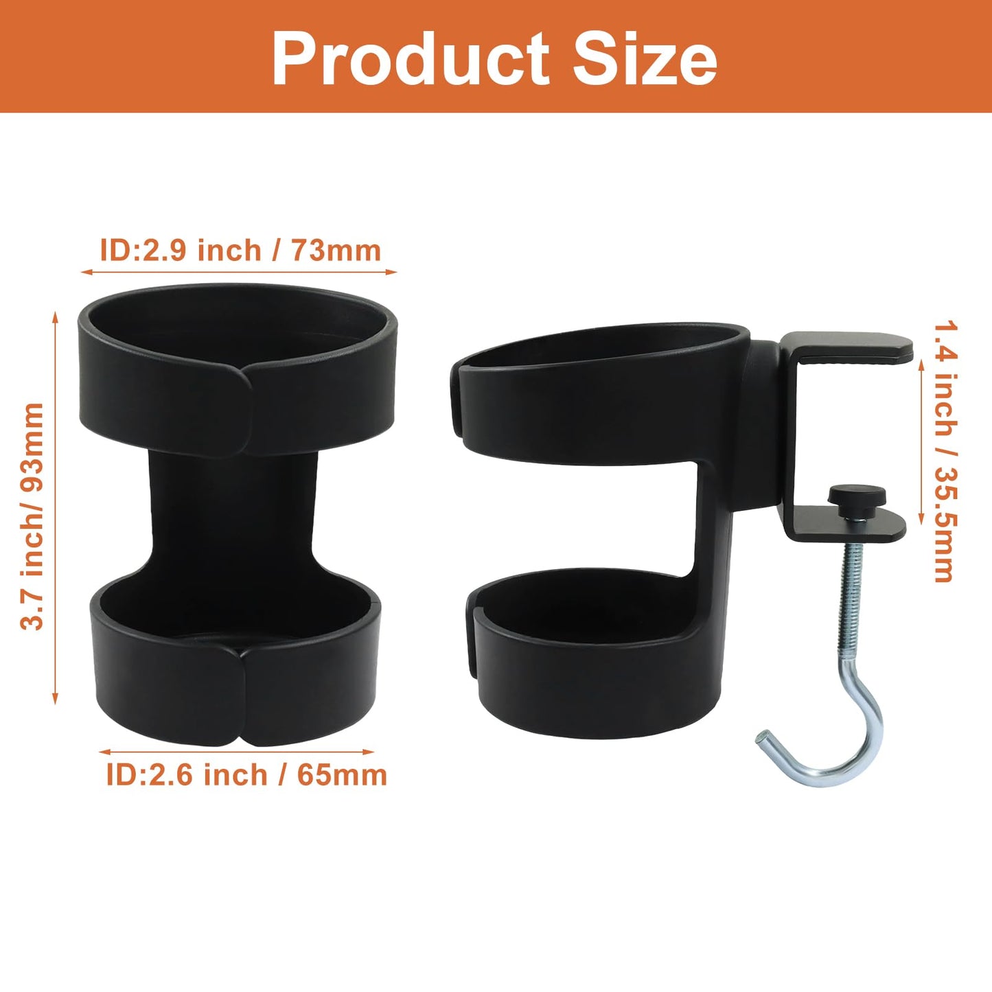 Bonsicoky 2 in 1 Desk Cup Holder, 3.7 Inch Height Clamp-On Black Plastic Drink Holder with Hook, Anti-Spill Tumbler Organizer for Home Office, Pack of 1