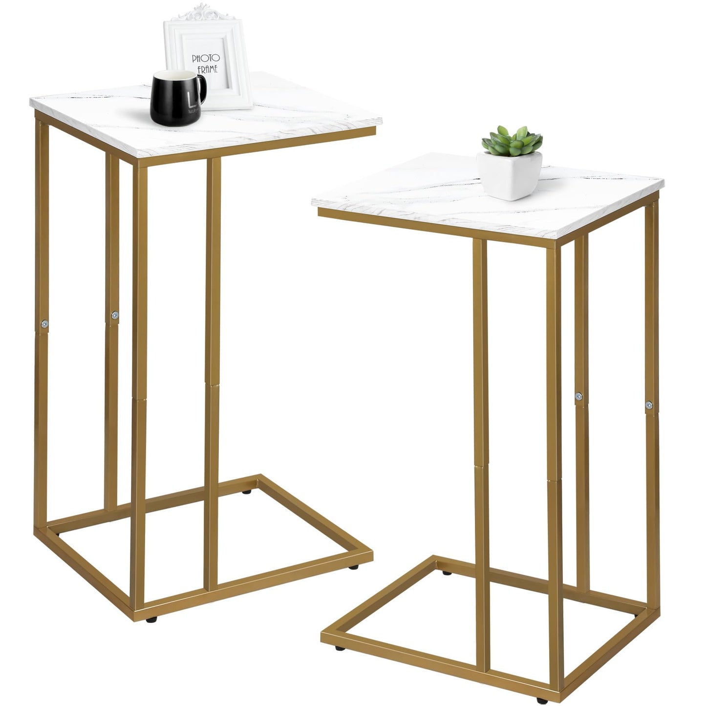Possile C Shaped End Table Set of 2, Small Side Table for Sofa and Bed, Couch Tables That Slide Under, Snack Side Table for Living Room, Bedroom, White Faux Marble and Gold