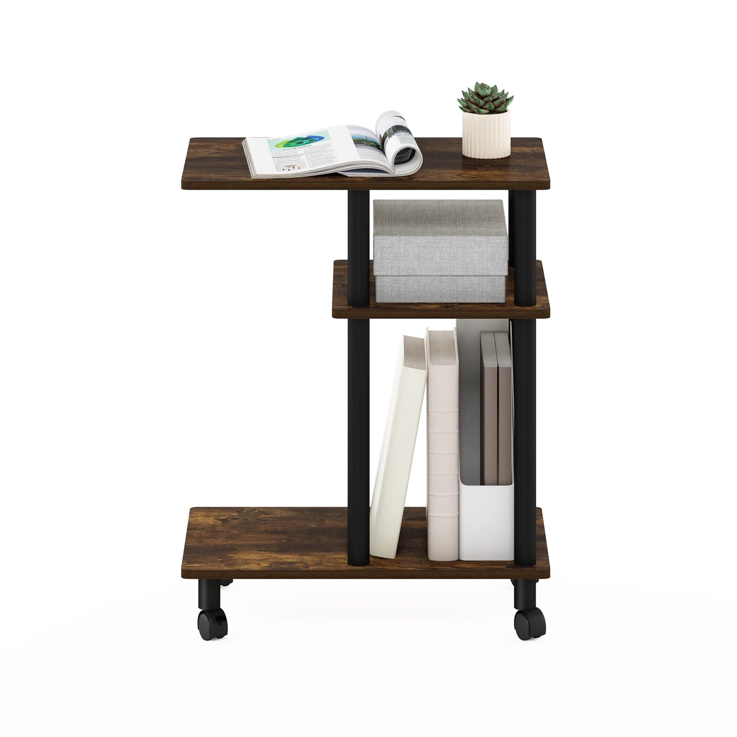Furinno Turn-N-Tube C Shaped Side Table with Casters, Amber Pine/Black