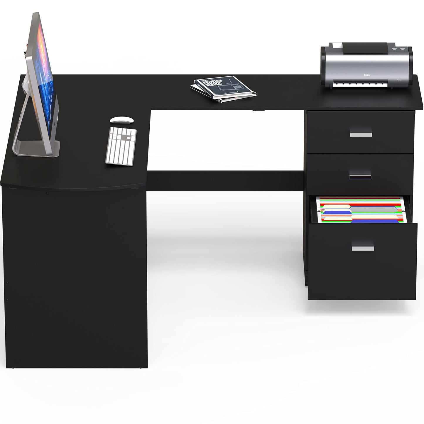SHW 51 x 59 Inches L-Shaped Home Office Wood Corner Desk with Box Box File Drawers, Black