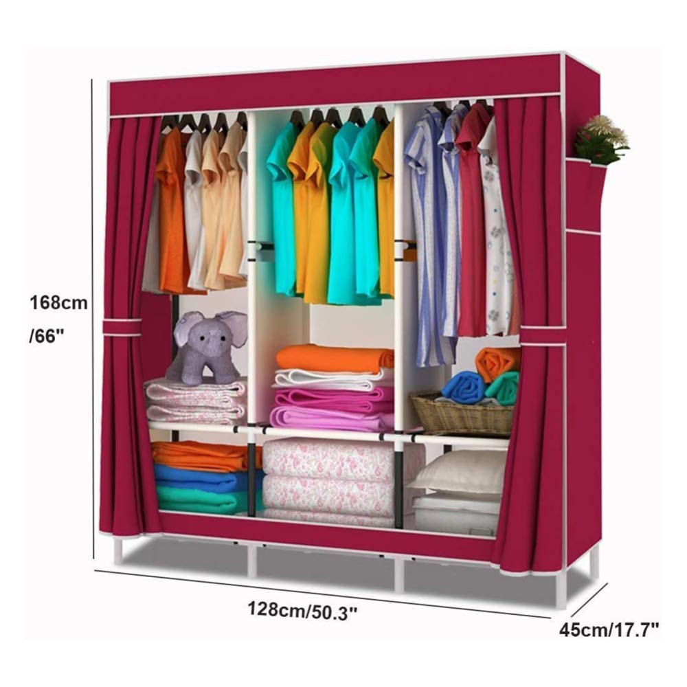 OTHZON Notecanvas Wardrobes Portable Closet Wardrobe with 2 Side Pockets and 3 Clothes Hanger Rods, Easy to Assemble Used in Bedroom, Cloakroom Clothes, Shoes, Toys,D