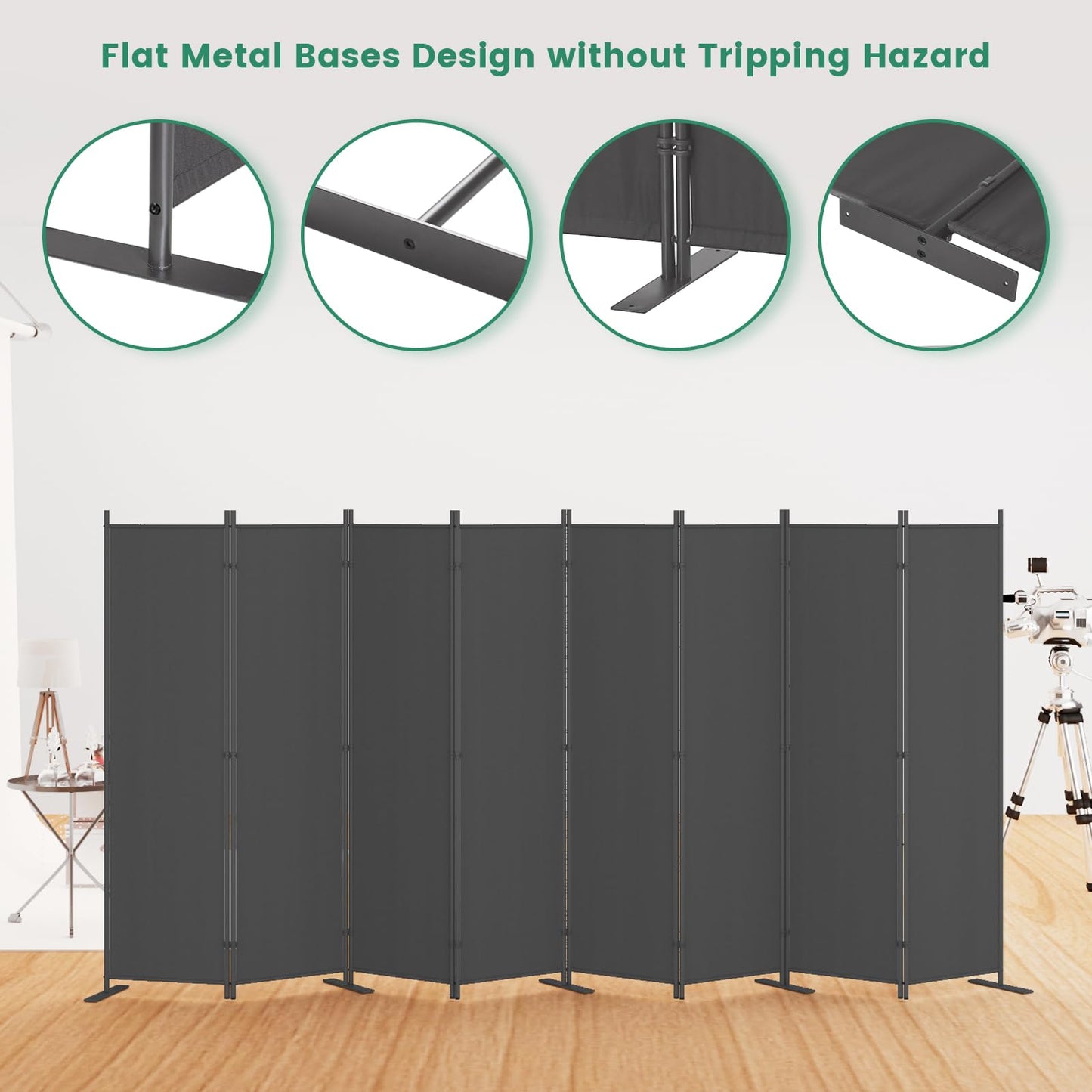 Helios&Hestia 8-Panel 6 ft Tall Indoor Folding Room Divider, Portable Privacy Screen, Freestanding Partition Separator, Temporary Wall Separation for Bedroom, Office, 160" W X 71" H, Dark Grey