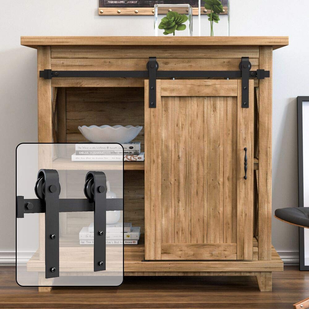 WINSOON 4FT Super Mini Sliding Barn Door Hardware Kit for Single Door Small TV Stands Wardrobe Cabinets, J Shape Hanger (NO Cabinet)
