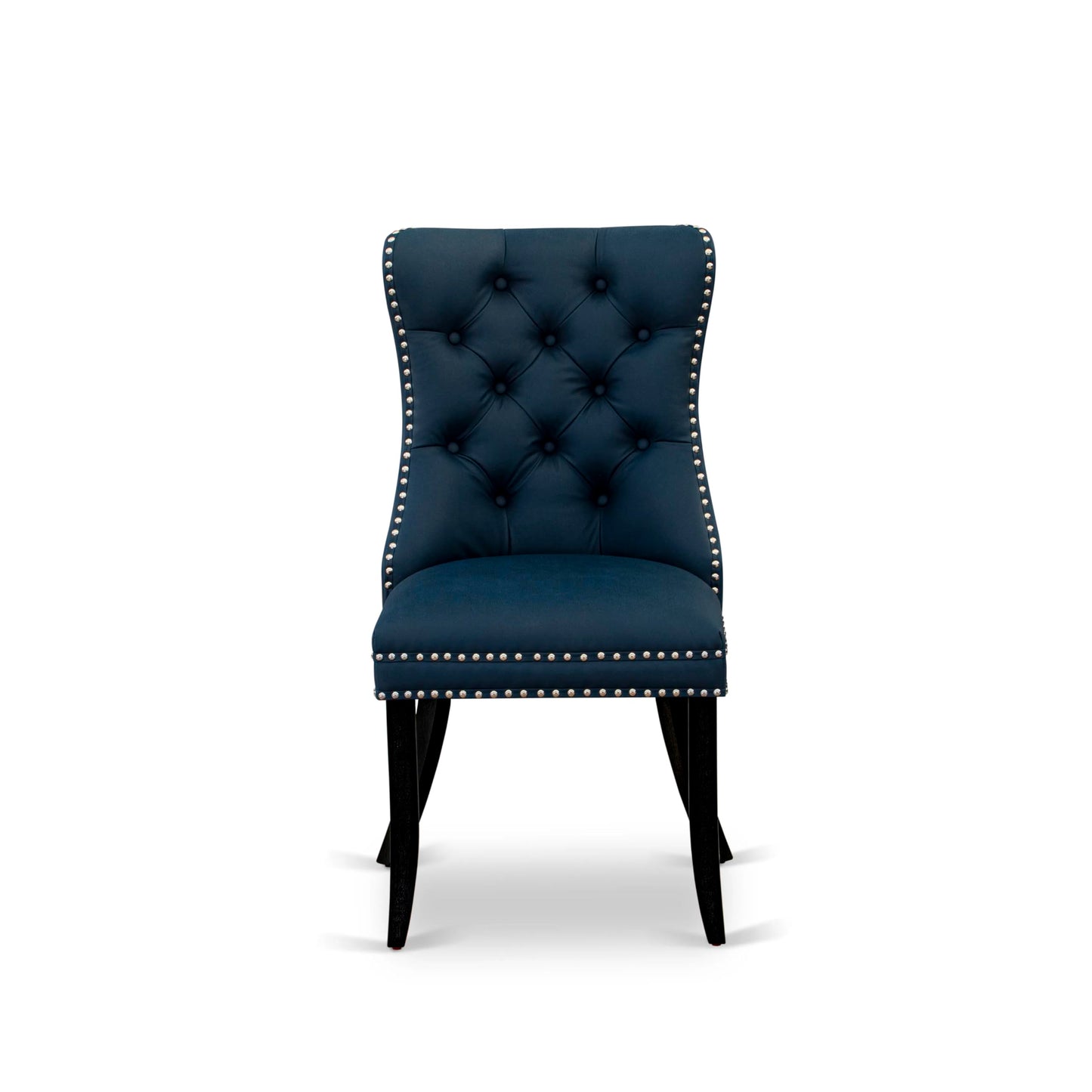 East West Furniture DAP6F29 Dallas Parson Kitchen Chairs - Button Tufted Nailhead Navy Blue Polyester Fabric Padded Dining Chairs, Set of 2, Wirebrushed Black