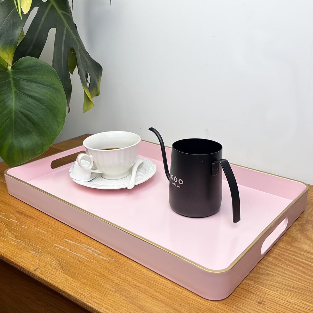 UOEKCS Pink Coffee Table Tray, Decorative Serving Tray with Handles, Plastic Rectangular Tray for Ottoman, Bathroom, Living Room. 15.7"*10.2"