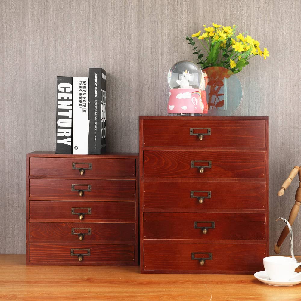 GoooodGIFT Large Wooden Drawer Rustic Desk Organizers and Accessories Wooden Storage Dox with Drawers Paper Storage Drawer Wood File Organizer Library Card Catalog Cabinet Apothecary Cabinet (L-BROWN)
