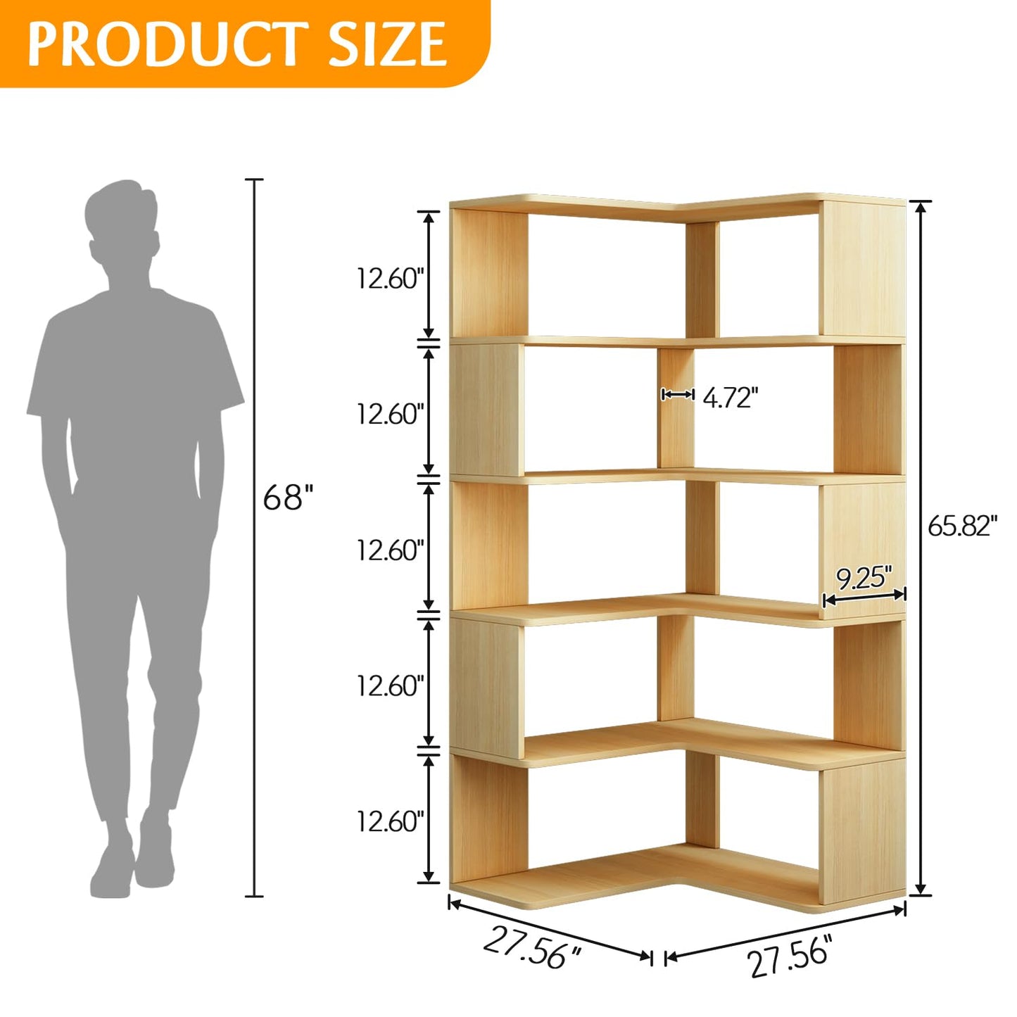 IOTXY 6-Tier L-Shaped Corner Bookshelf - 66" Tall Wooden Freestanding Bookcase with Open Shelf Units, Oak