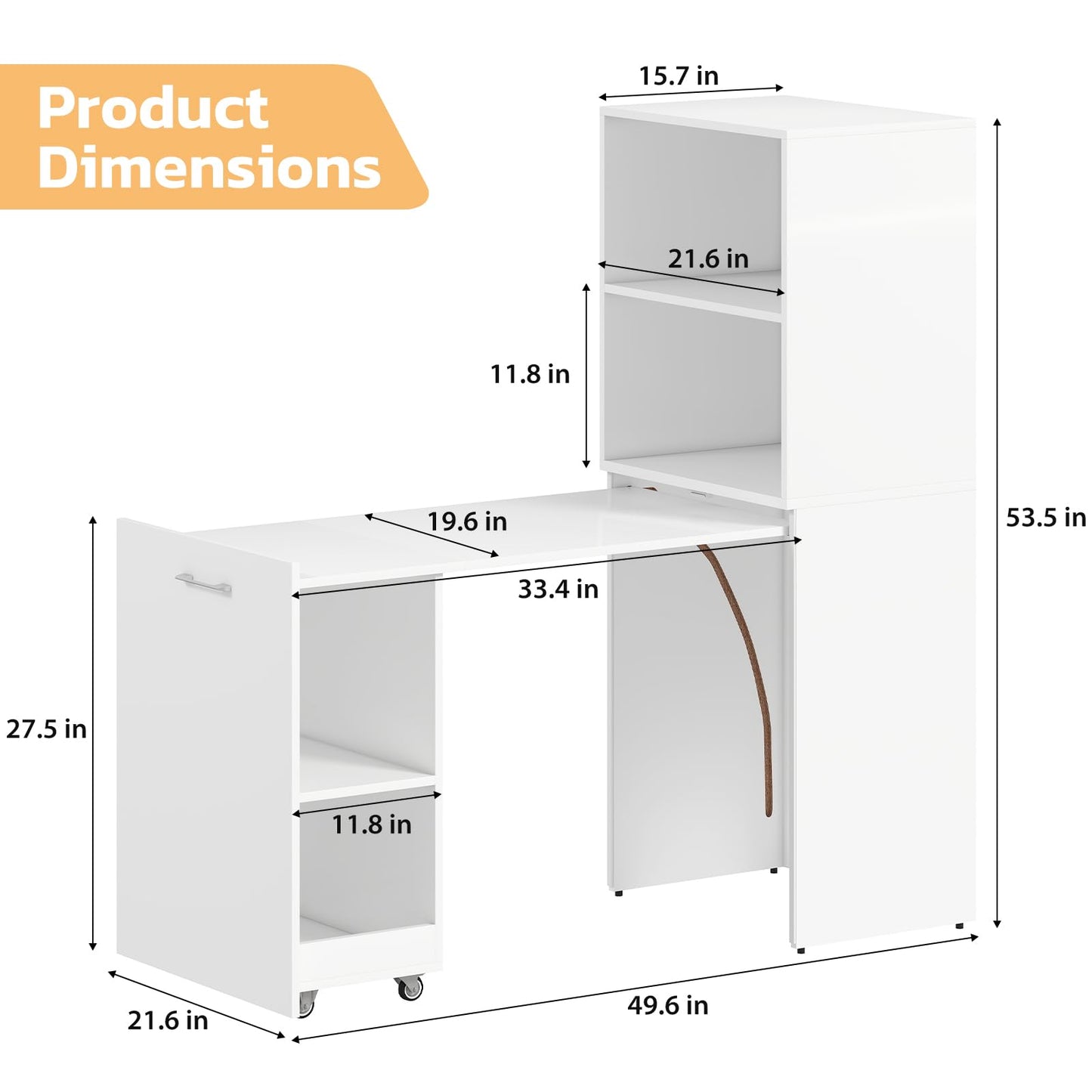 Zevemomo Folding Desk with Storage, Convertible Table with Shelves & Wheels, Craft Cabinet with Fold Out Table, Compact Computer Desk for Small Space, Reversible L Shaped Desk - White