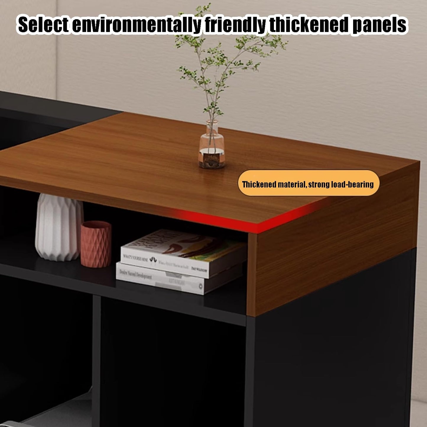 Lockable Small Reception Desk with Wood Front Counter, Stylish Teak & Black Design for Retail Checkout, 100cm (39.3in) Convenience Store Front Desk