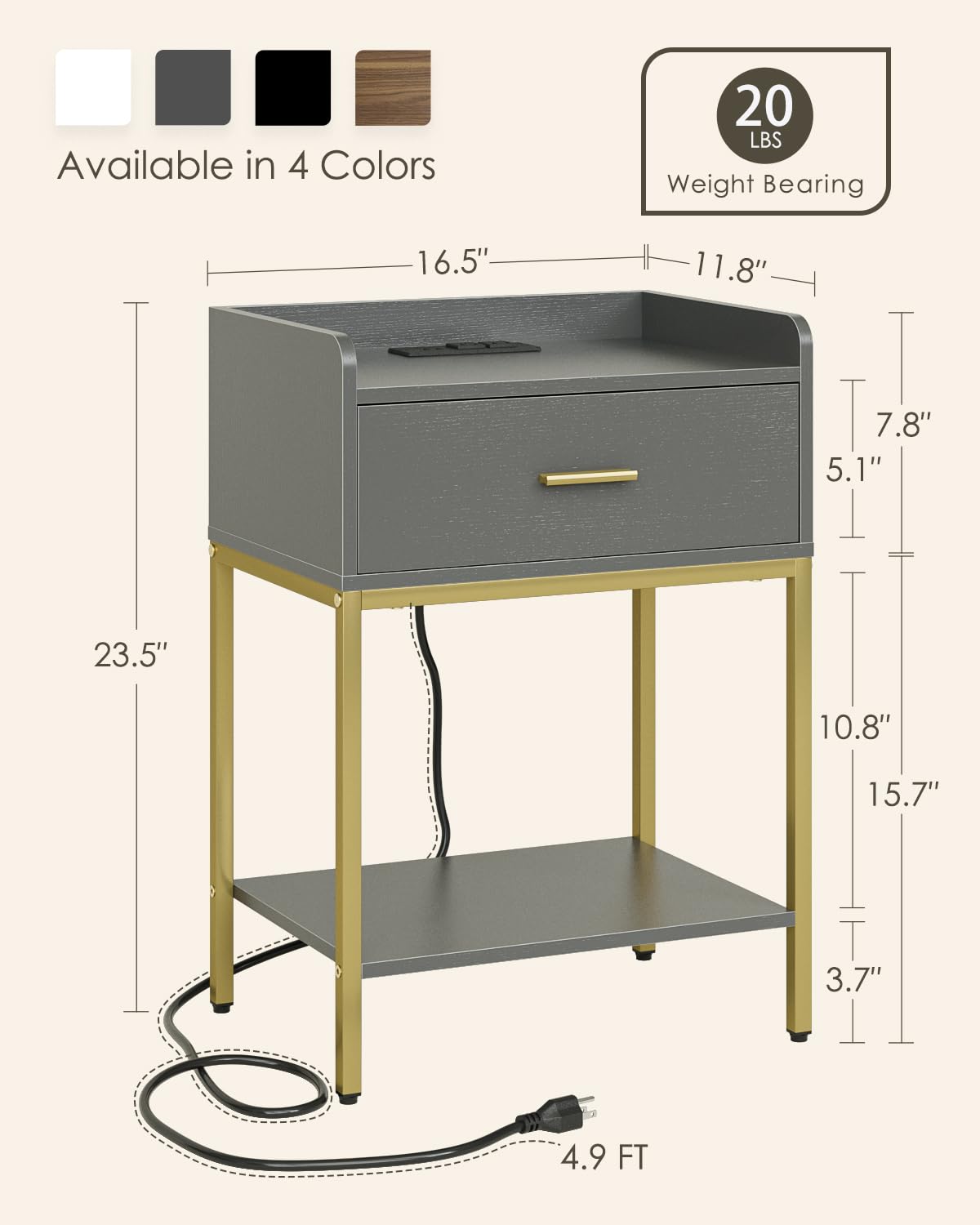 Masupu Nightstand with Charging Station,3-Tier Modern Bedside Night Stand with Storage Drawer and Shelf,Small End Side Table for Bedroom,Living Room,Grey