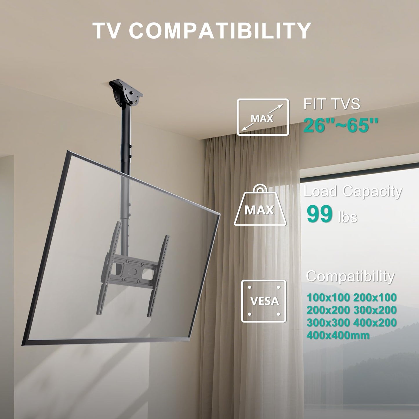 WALI Ceiling TV Mount Long Arm, Full Motion Adjustable Bracket Fits Most LED, LCD TVs 26 to 65 inch, up to 99lbs, Height Extension up to 35.8 Inch, Mounting Holes up to 400x400mm (CM2665XL-P), Black