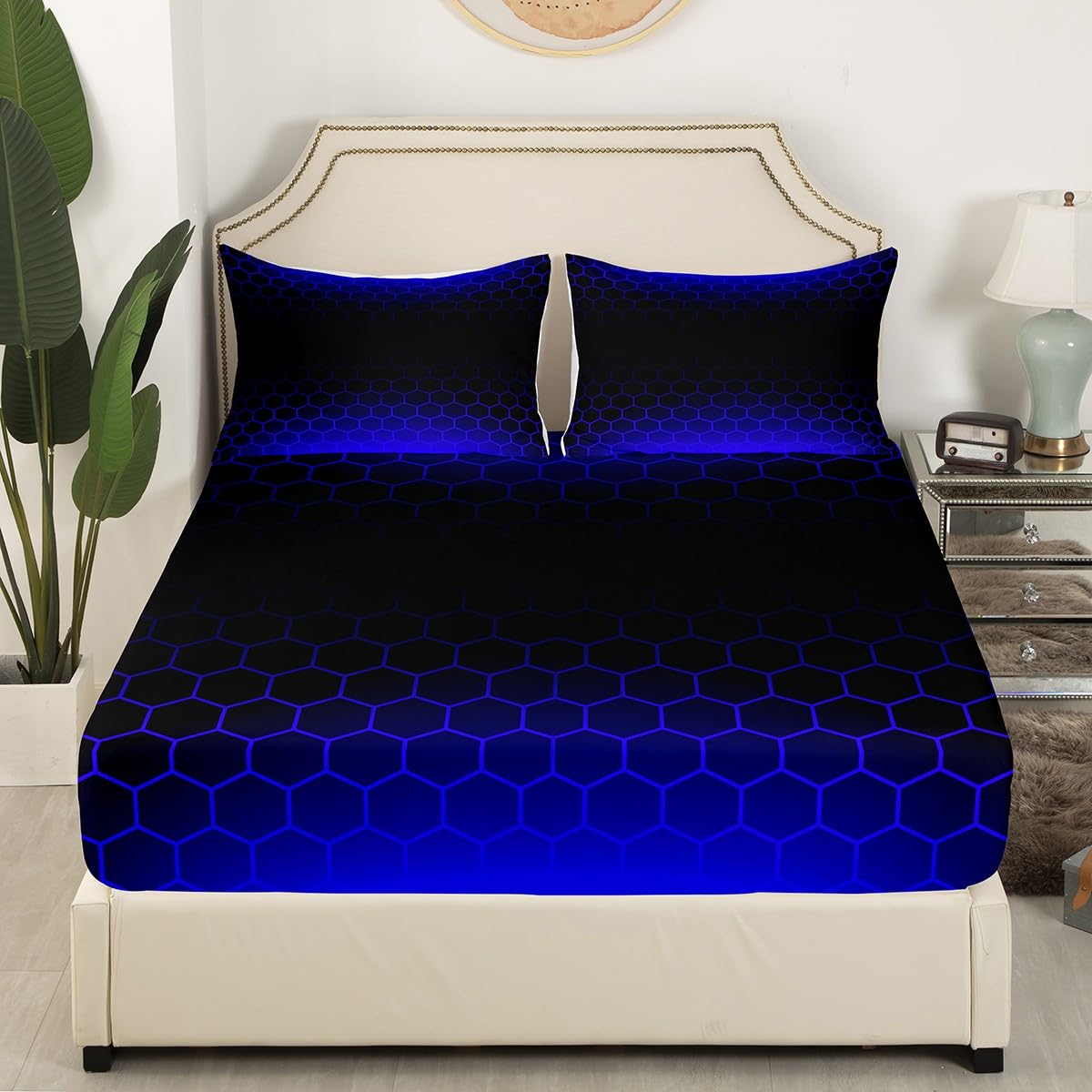 Blue Black Ombre Honeycomb Fitted Sheet Full Size, Geometrics Hexagon Bedding Set Abstract Blue and Black Bed Sheet Set for Kids Toddler Beehive Hexagon Bed Cover 3Pcs (No TOP Sheet)