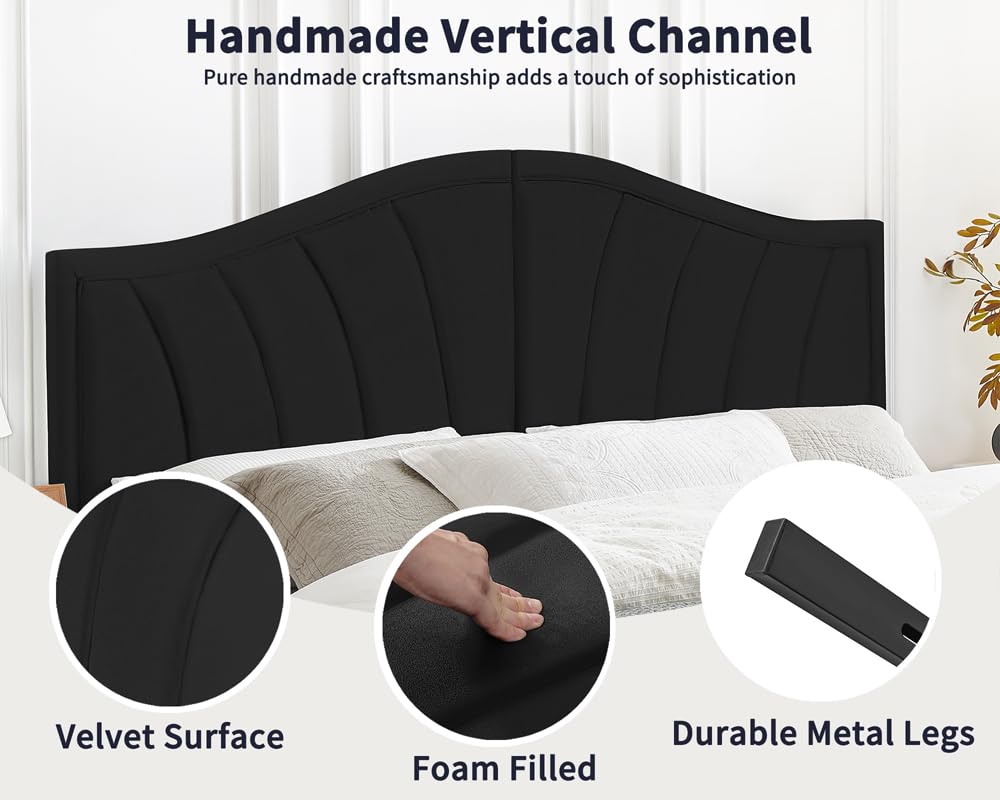 Beyetsea King Headboard Only, Upholstered Head Board King/California King Size, Velvet Headboards for Adjustable Bed Wall Mounted&Bed Frame Mount, Modern Vertical Channel Design Bed Headboard, Black