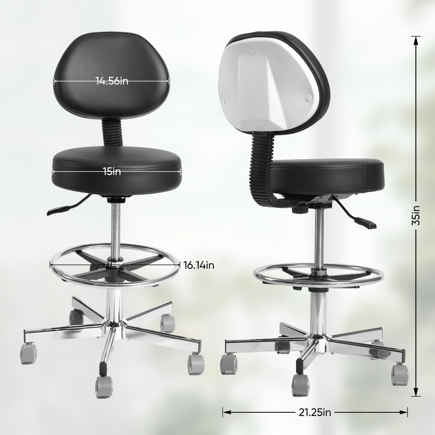 Adjustable Rolling Stool with Wheels & Adjustable Foot Ring, Office Drafting Chairs,Rolling Adjustable Stool,Heavy Duty Rolling Chair for Office Home Work Spa Studio Lab Counter Salon Bar Kitchen Shop