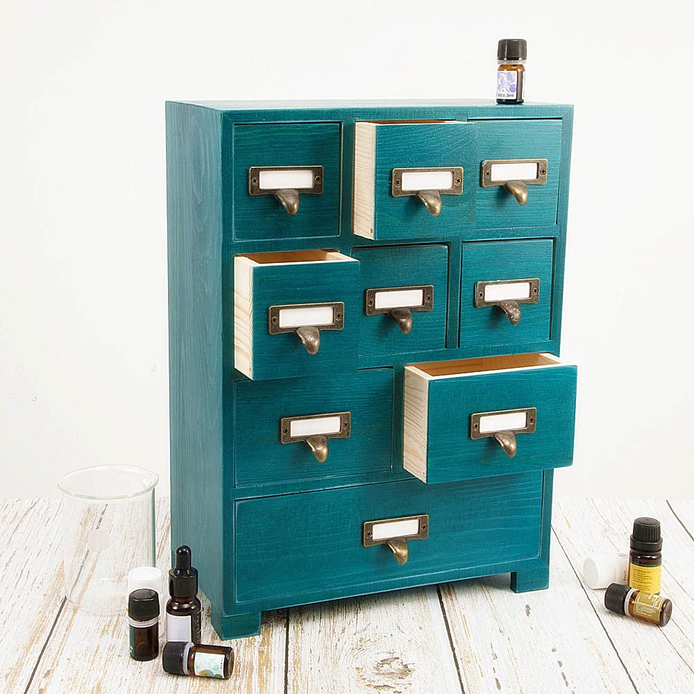 PACKGILO Apothecary Cabinet with 9 Drawers & Labels Rustic Library Card Catalog Cabinet Desktop Wooden Storage Box for Organize Herbal、Tea Bag、Jewelry (Blue)