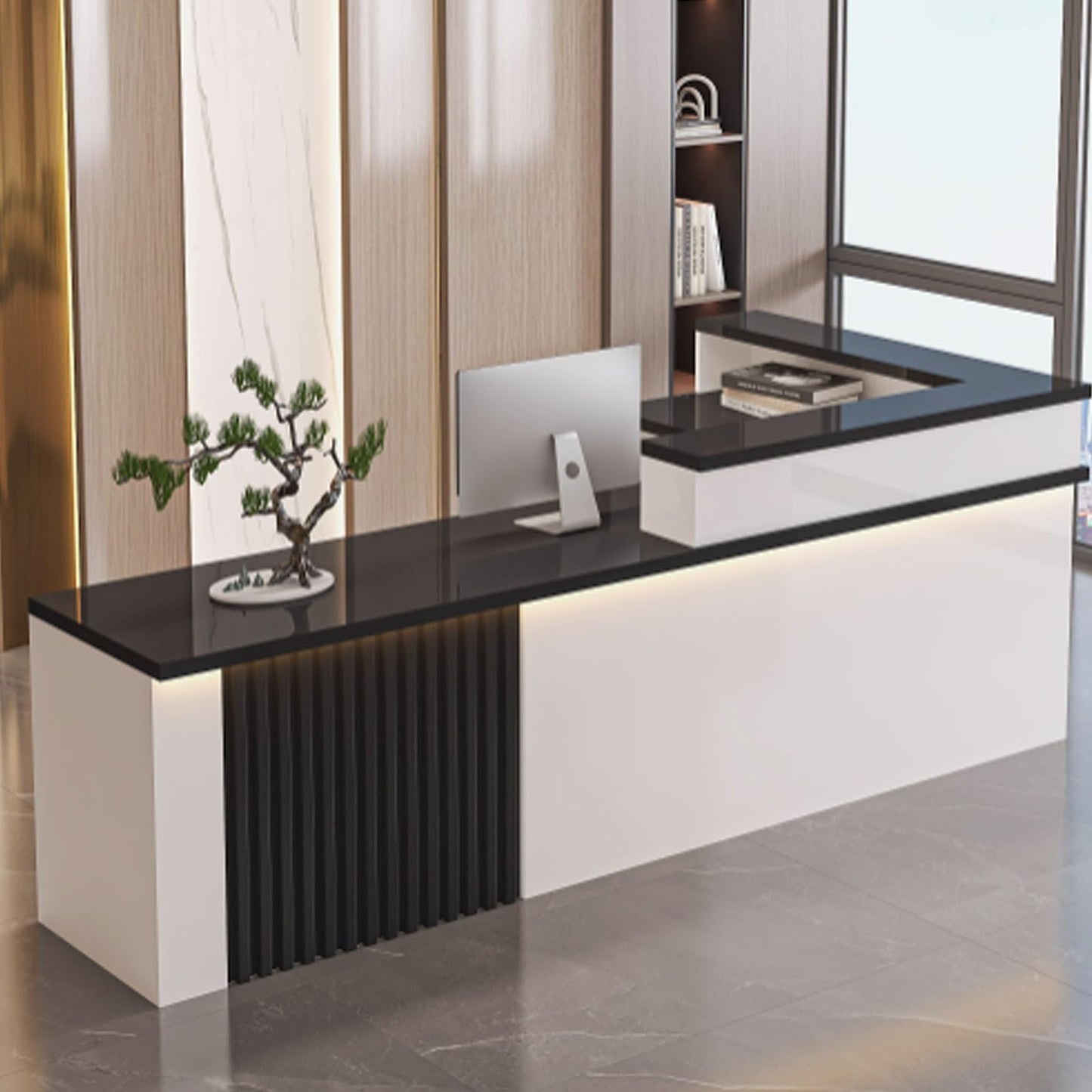 Modern Reception Desk with Storage - Stylish Office Counter Table for Beauty Salons & Lobbies, 120cm White & Black Design with LED Light Strips for Enhanced Ambiance