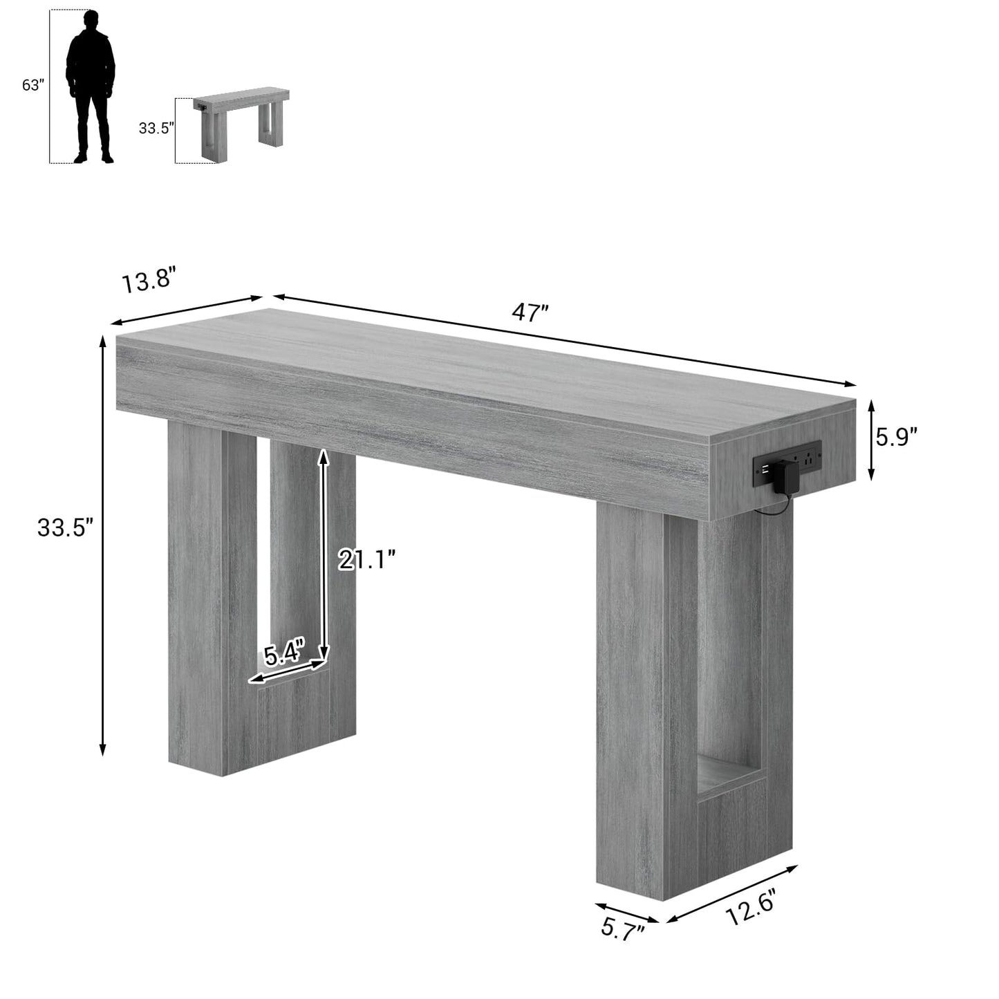 Unikito 47" Entryway Table with Socket and Sensor Light, Narrow Console Table with Storage Behind Couch, Farmhouse Entry Way Tables with Open Storage for Entrance/Hallway/Living Room, White Oak