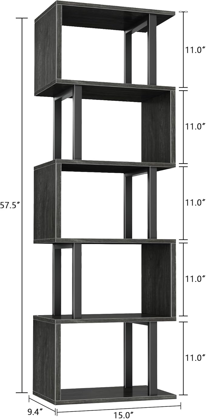 Furologee 6 Tier Bookshelf Tall Geometric Bookcase, S Shaped Industrial Display