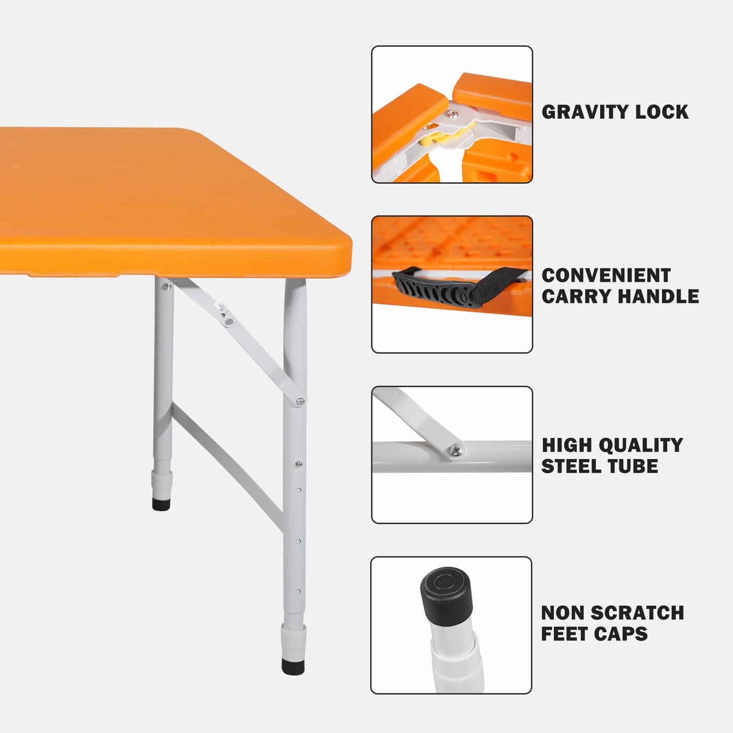 SculPong 4 FT Folding Table with Carry Handle, Portable Fold-in-Half Plastic Table, Rectangle Foldable Table for Indoor/Outdoor Orange