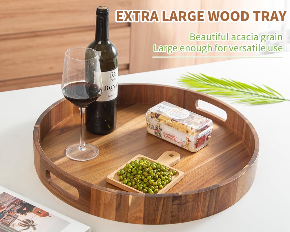 Decent Vrvege Extra Large Round Ottoman Coffee Table Tray, 22" Big Kitchen Serving Trays for Huge Ottoman Counter Giant Decorative Organizer, Huge Wood Serveware Tray with Built-in Handle for Big Job