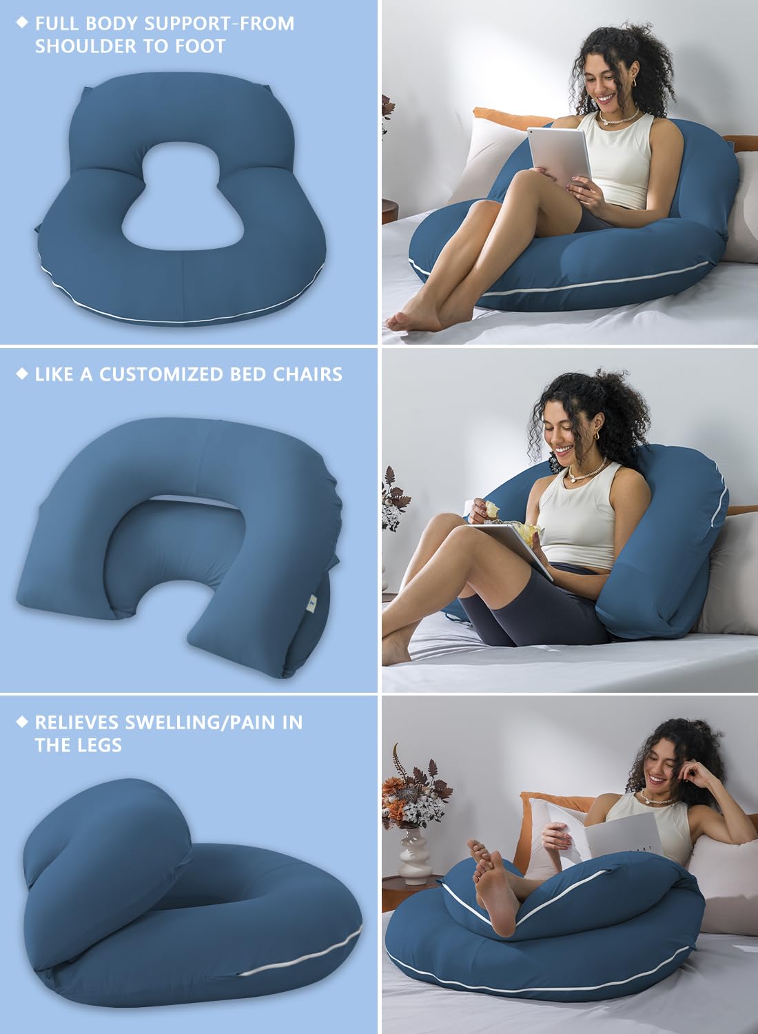 INSEN Reading Pillow, Back Pillow for Sitting in Bed and Couch, Gaming Pillow for Adults, Sit Up Support for Bed, Soft Jersey Cotton, Blue