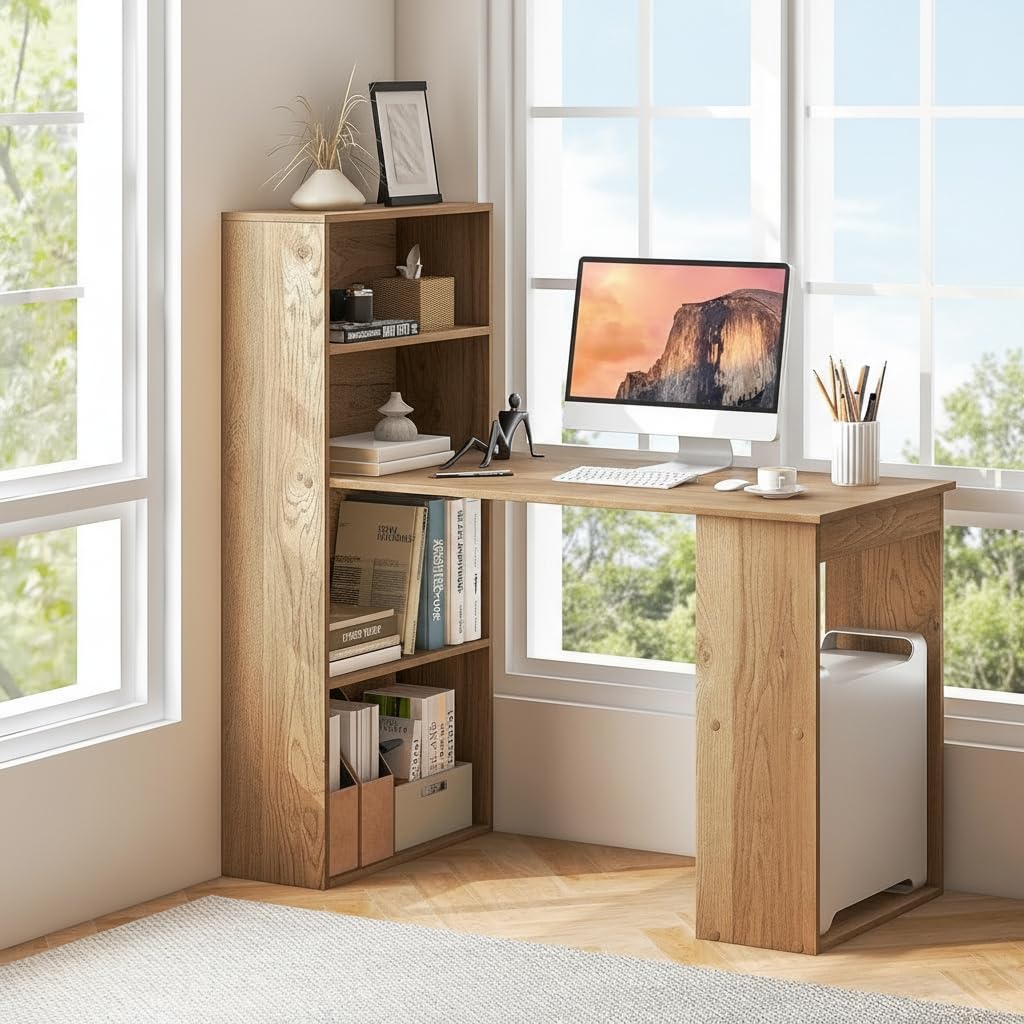 Tangkula Computer Desk with Bookshelf, Writing Study Desk with Storage Shelves & CPU Stand, Modern Compact Computer Workstation for Home & Office, Space-Saving Design(Natural)