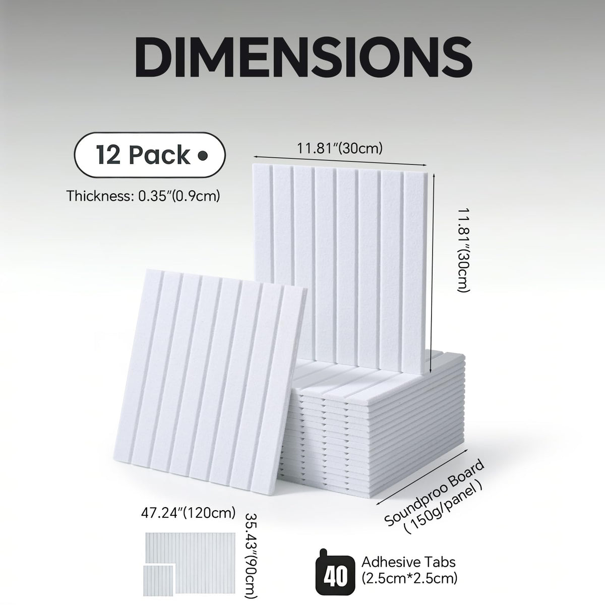 Slat Felt Wall Tiles (12 Pack) - 11.8"x11.8" Self-Adhesive Bulletin Board for Wall, Acoustic Panels for Sound Dampening, Modern Black Pin Board, Home Office Decor (30x30cm)