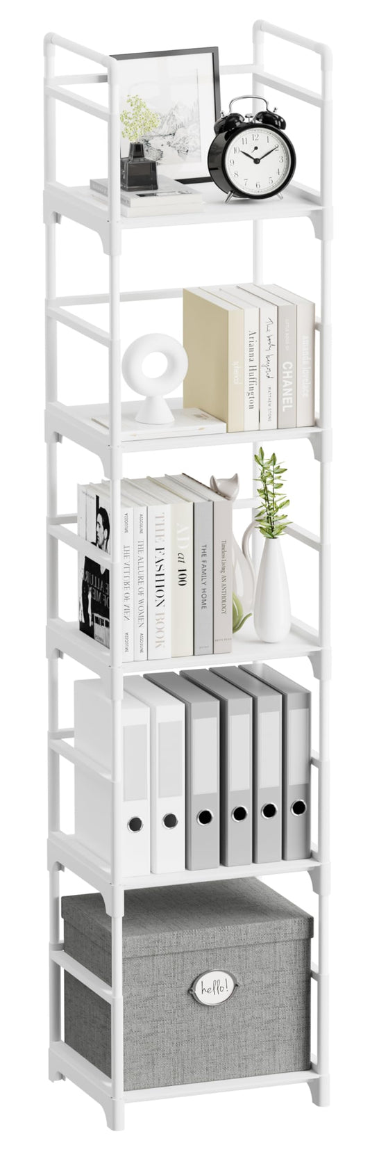 FIDUCIAL HOME 5 Tiers Narrow Bookshelf White Skinny Book Shelf Slim Thin Open Bookcase Small Spaces for Space Saving Easy Assemble