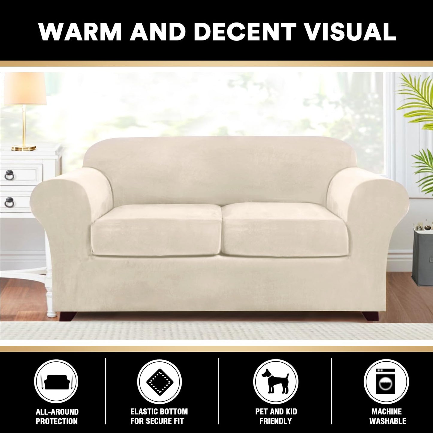 PrinceDeco Velvet Couch Cover Loveseat Covers for 2 Cushion Couch 3 Piece Sofa Covers for Dogs Washable Loveseat Covers Width Up to 72 Inch No Slip Stretch Sofa Slipcover(Medium, Ivory)