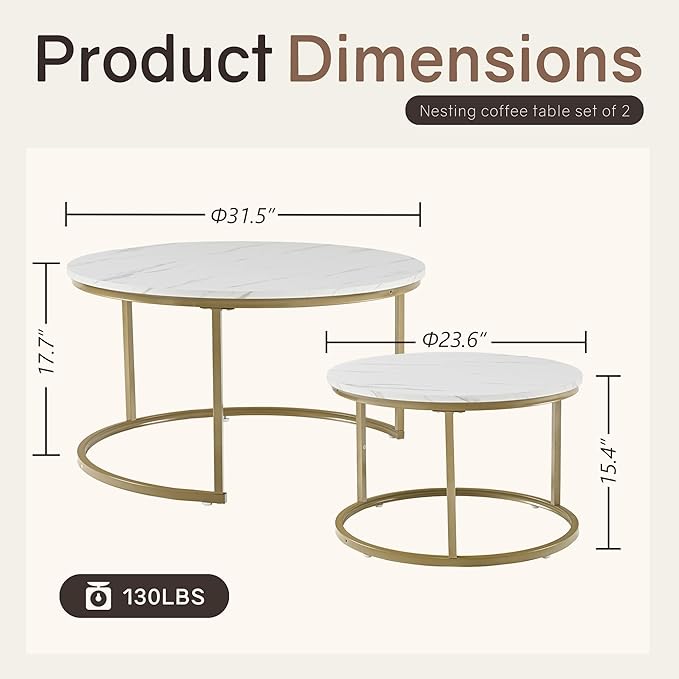 Otterease Nesting Tables Set of 2, 31.5" Round Coffee Table, Small Nesting