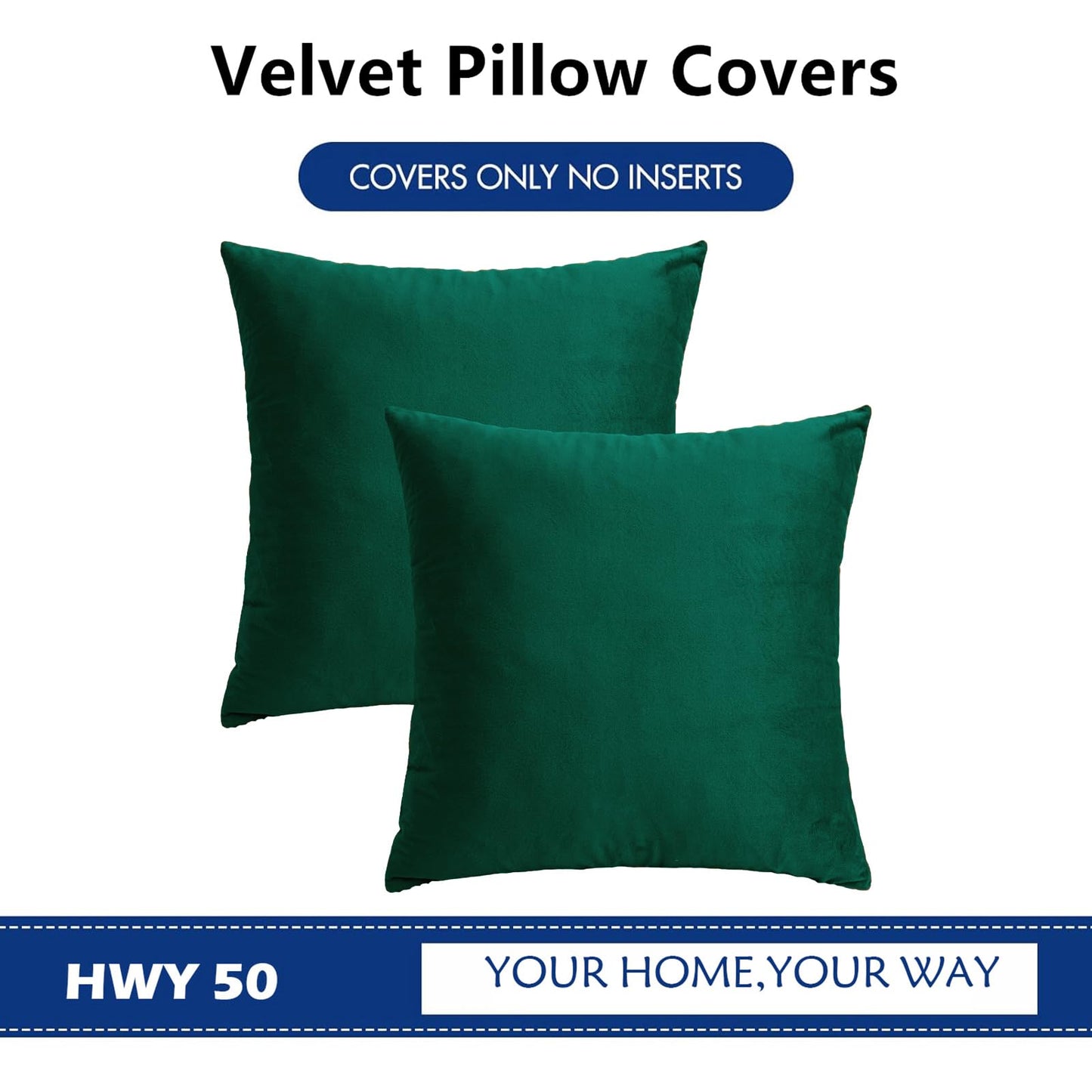 HWY 50 Dark Green Velvet Throw Pillow Covers 18x18 Inch, Pack of 2 Soft Cozy Solid Decorative Luxury Cushion Cases for Couch Sofa Bed Living Room Bedroom