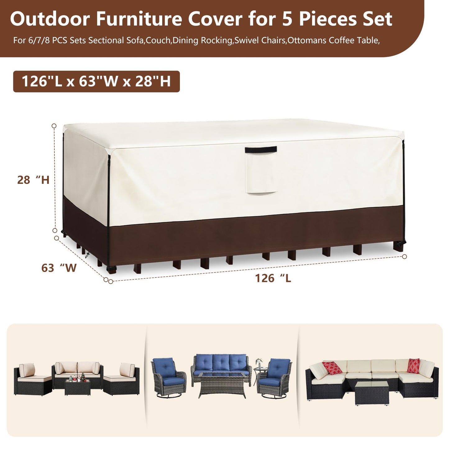 Exokugo Patio Furniture Covers Waterproof,Heavy Duty Outdoor Furniture Covers, Rectangle Patio Table Cover Fits 5-8Piece Sectional Set Outdoor Chair Couch Table Sets(126" L x 63" W x 28" H)