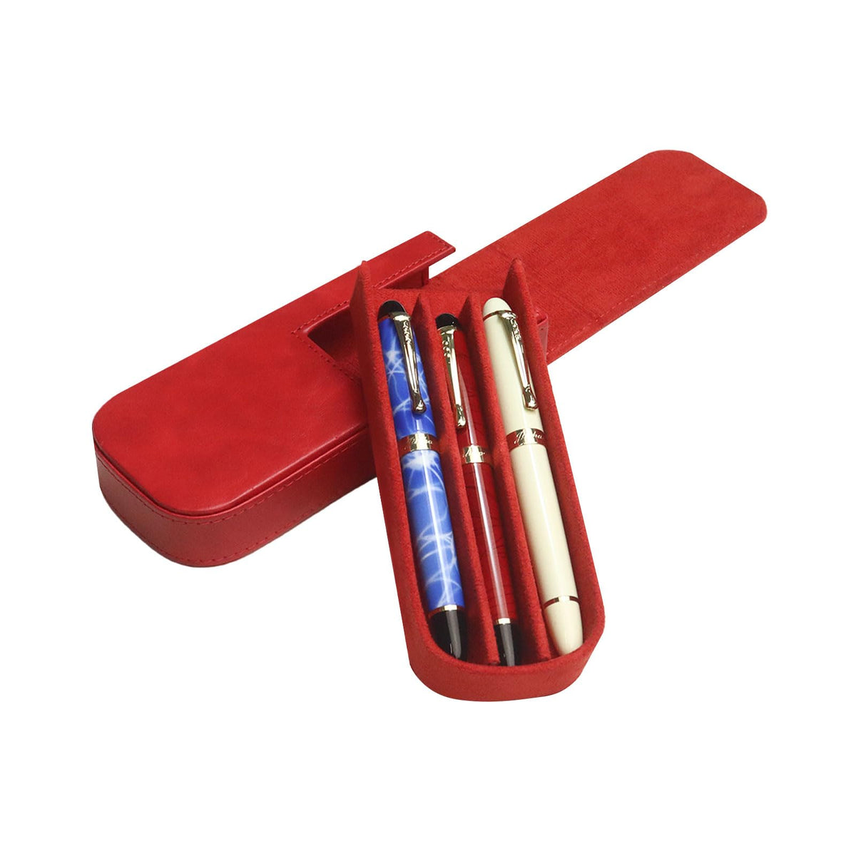 MIVLXLX PU Leather Triple Pen Case Pencil Pouch Holder for Three Fountain Ballpoint Rollerball Pens and Pencils Gift Choice for Man/Woman/Office (red)