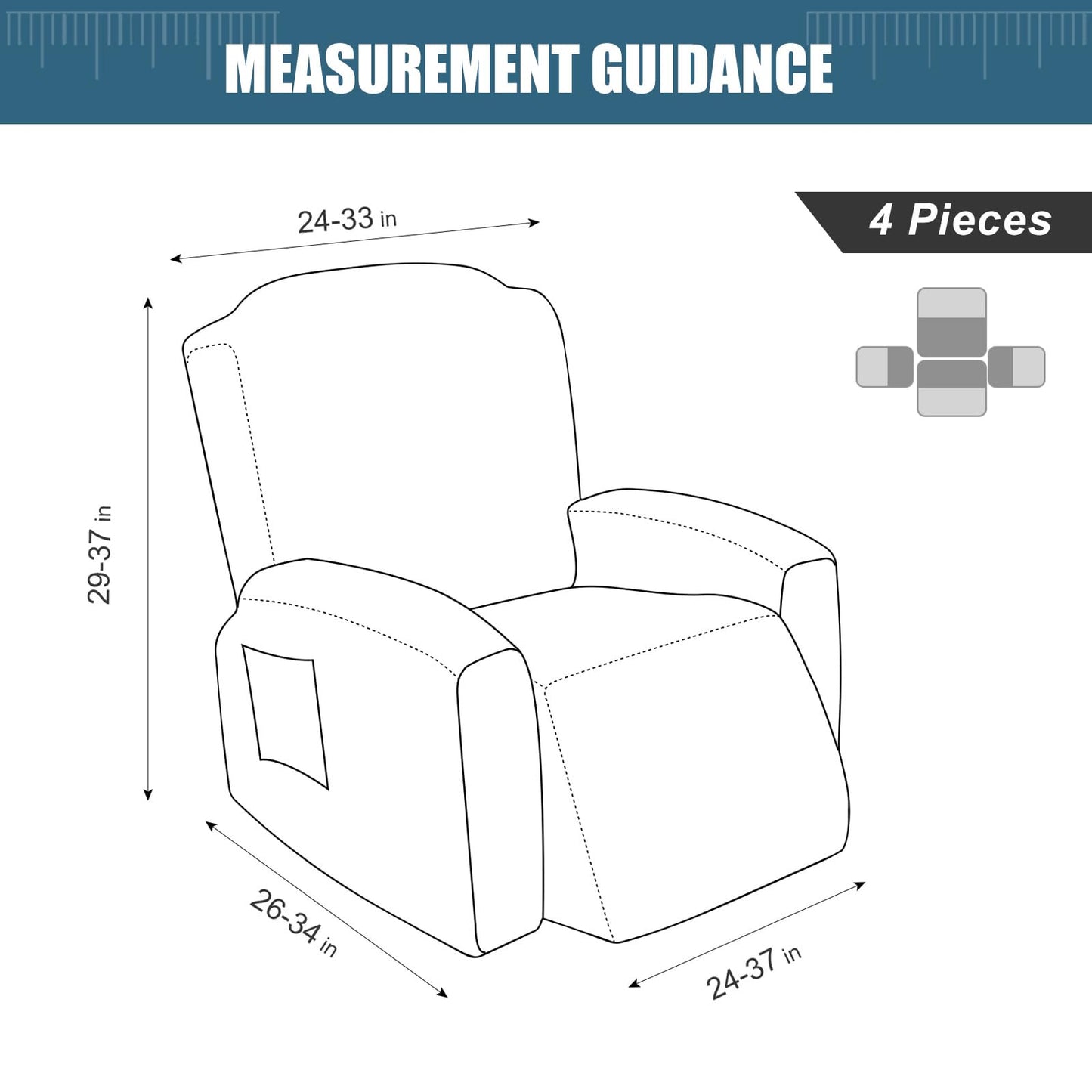 YUEANG 4 Pieces Recliner Cover Stretch Sofa Slipcover, Sofa Couch Cover for Reclining Couch 1 Seat, Washable Furniture Protector with Elastic Bottom for Kids, Dog