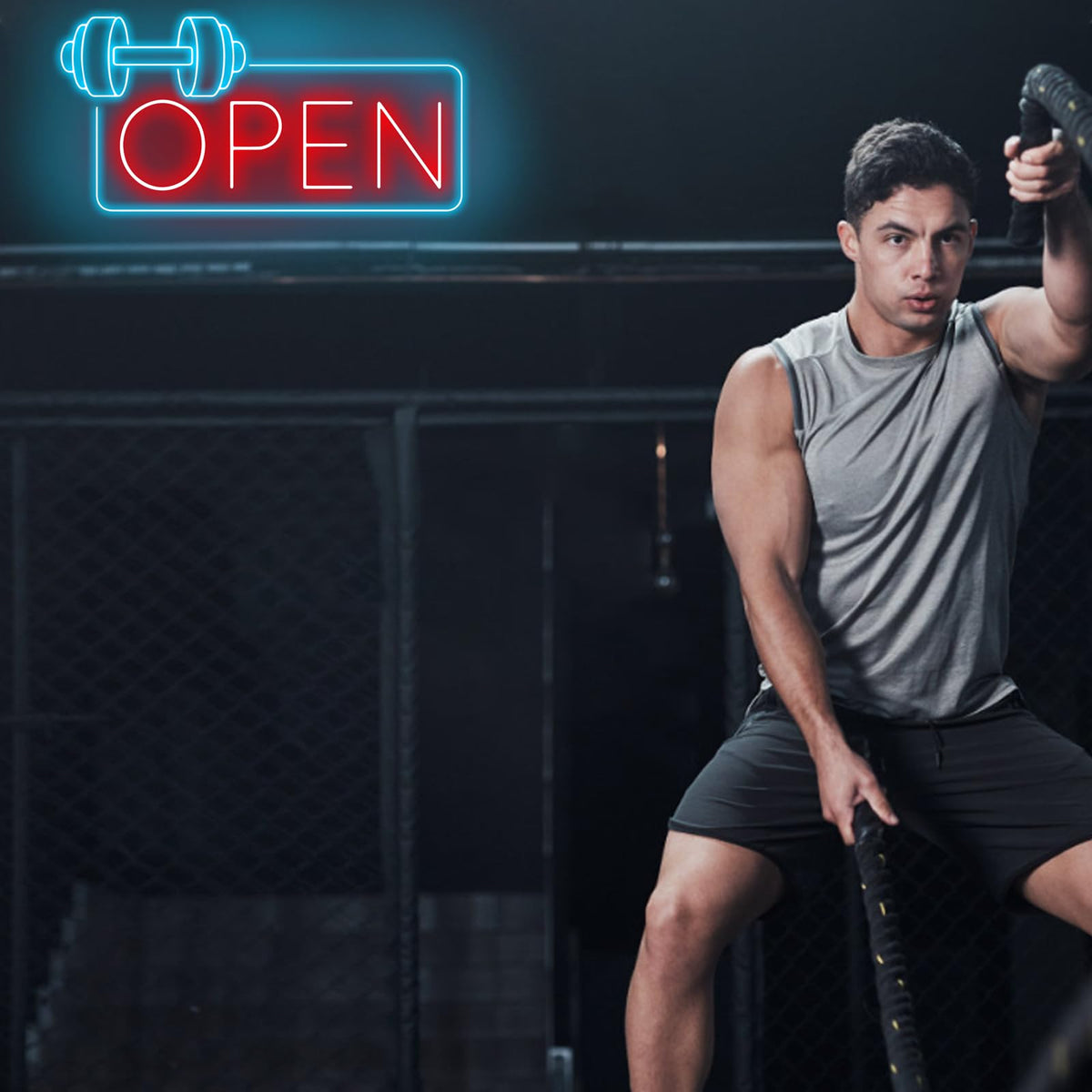 Gym Fitness Open Neon Sign, Dumbbell Open Led Sign, Weightlifting Led Light, Barbell Neon Light, Gym Open Wall Art Decor, House Wall Sign Decor for Business Window Open Signs, Fitness Club Decor