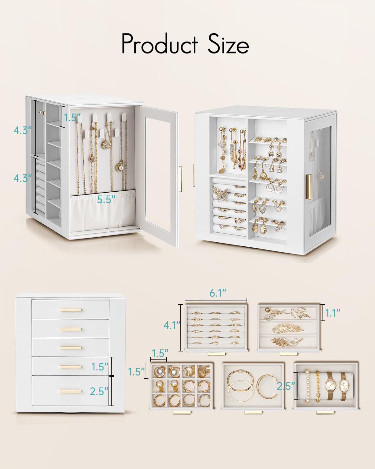 VLANDO 360° Rotating Jewelry Box with 5 Drawers, Large Jewelry Storage with 2 Glass Window, PU Leather Jewelry Organizer for Bracelets, Necklaces, Earrings, Rings - White