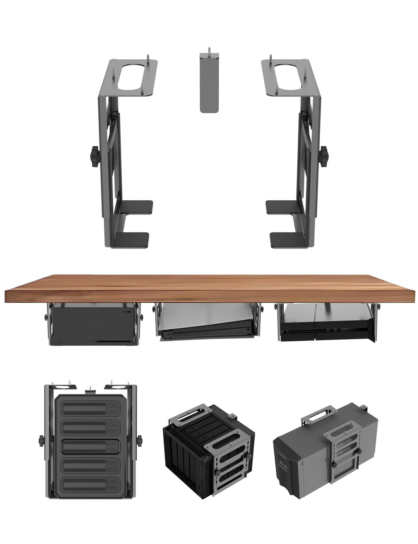 TYAMTOGSM Under Desk Mount for Mini PC/CPU/Xbox/ PS5/ ps4/ ps3 Adjustable Metal Holder Compatible with Cable Box/Network Attached Storage and Other Any Device Upto 9.7" Thick. (Black)