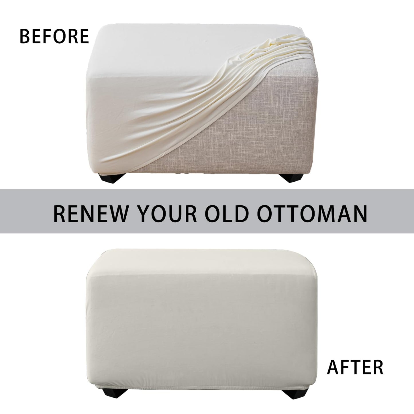 UOIJAY Super Stretch Ottoman Cover- Soft Form Fit Ottoman Cover Rectangular Ottoman Slipcovers for Folding Storage Furniture, Footstool Cover with Nonslip Elastic Bottom (Large, Beige)