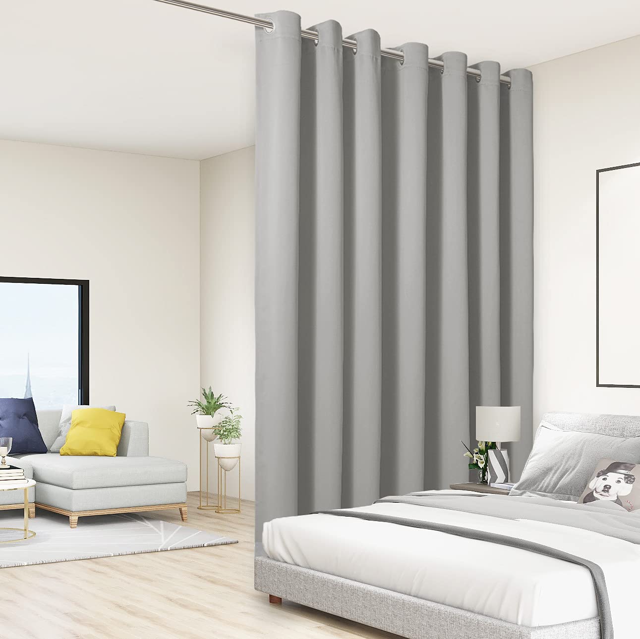 BONZER Room Divider Curtain Total Privacy Wall Wide Grommet Room Darkening Curtains for Patio Sliding Glass Door, 84L x 108W Inch (7L x 9W ft), 1 Panel, Silver